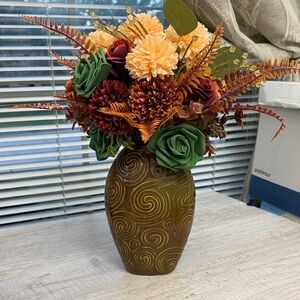 Hand Crafted Swirl Pattern Vase with Orange and Green Florals